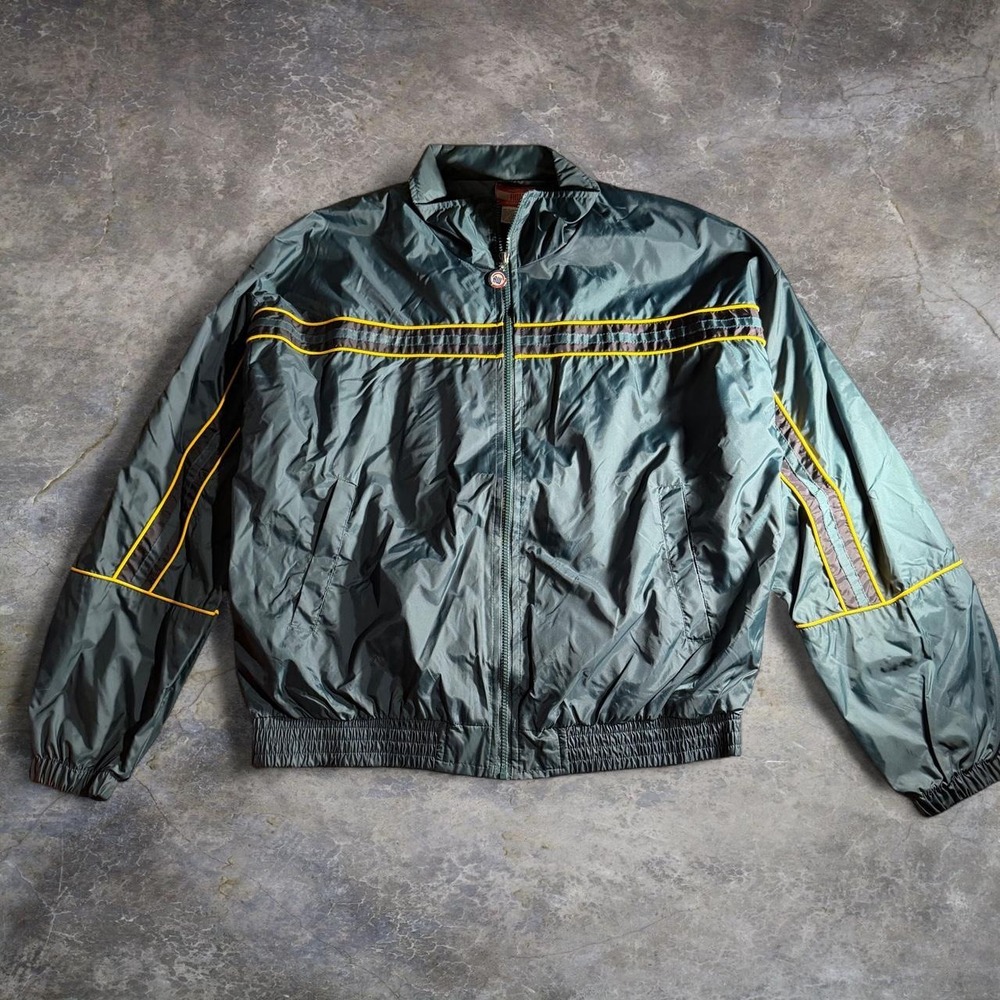 Vintage Athletic Works AW Windbreaker Jacket Mens Large Navy Blue Yellow Trim